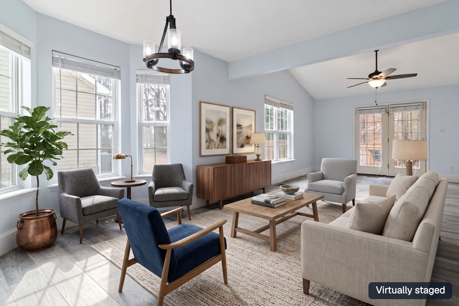 Living room after AI virtual staging in the modern style, labeled virtually staged